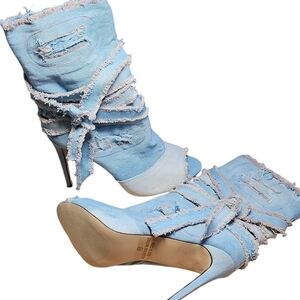 Liliana Stiletto Heel Boots Size 11 Distressed Denim Peep Toe Side Zip